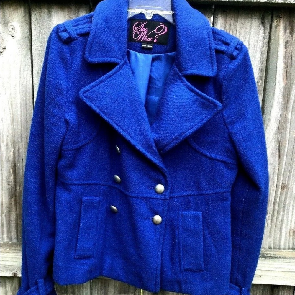 Say What? Cobalt Blue Double Breasted Pea Coat Juniors Size L EUC